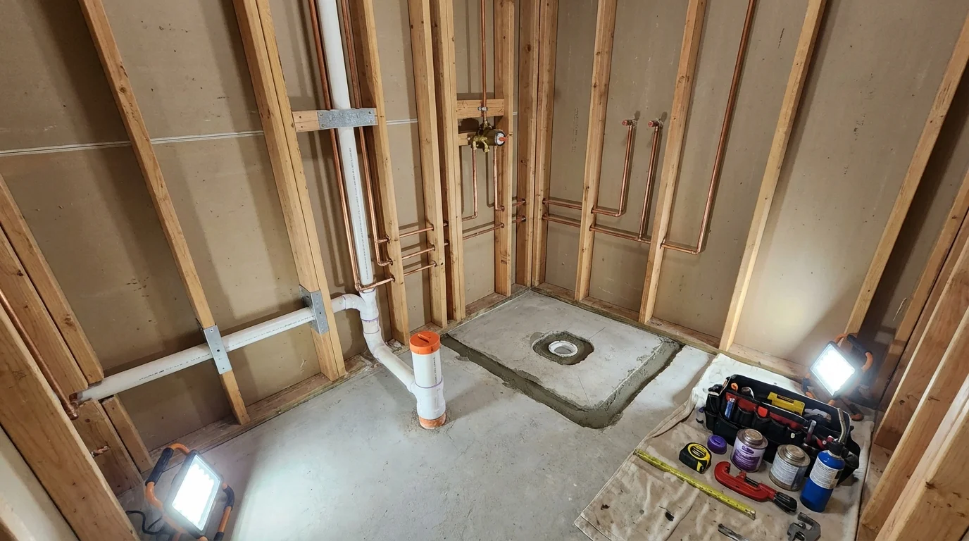 Bathroom rough-in plumbing during remodel by Johns Plumbing LLC in Adams Center
