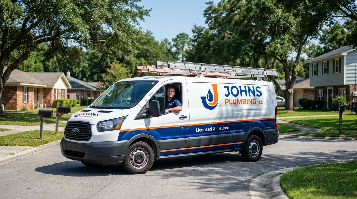 Johns Plumbing LLC service van in Adams Center, NY