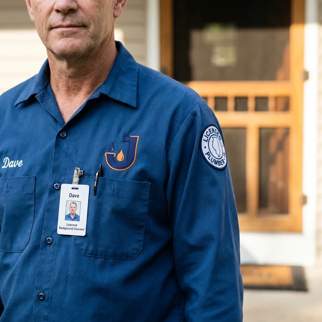 Licensed plumber showing ID badge in Adams Center, NY