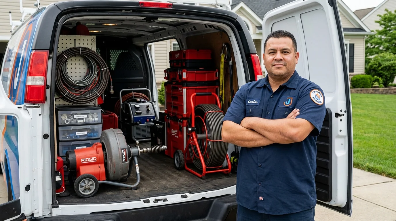 Professional drain cleaning equipment and Johns Plumbing LLC plumber in Adams Center