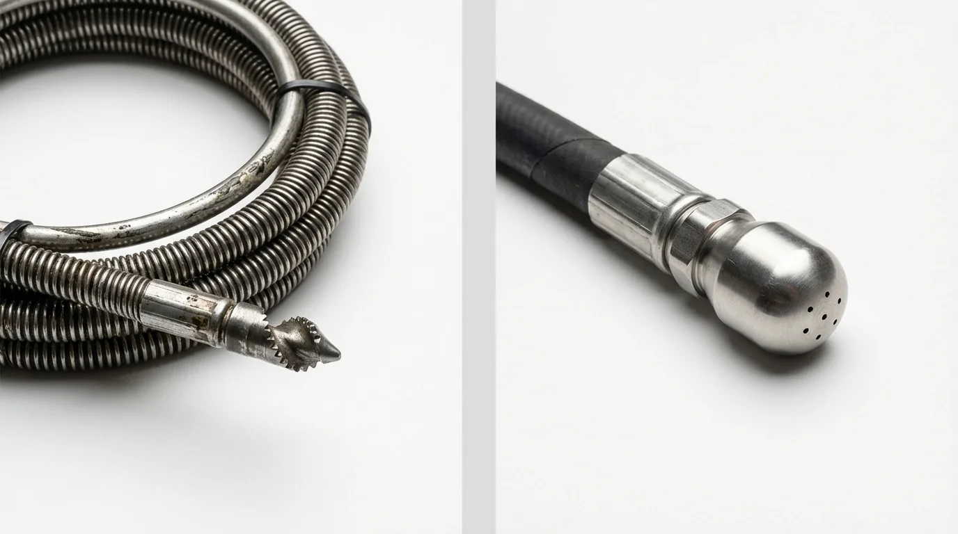 Drain snake cable and hydro jetting nozzle used for drain cleaning in Adams Center, NY