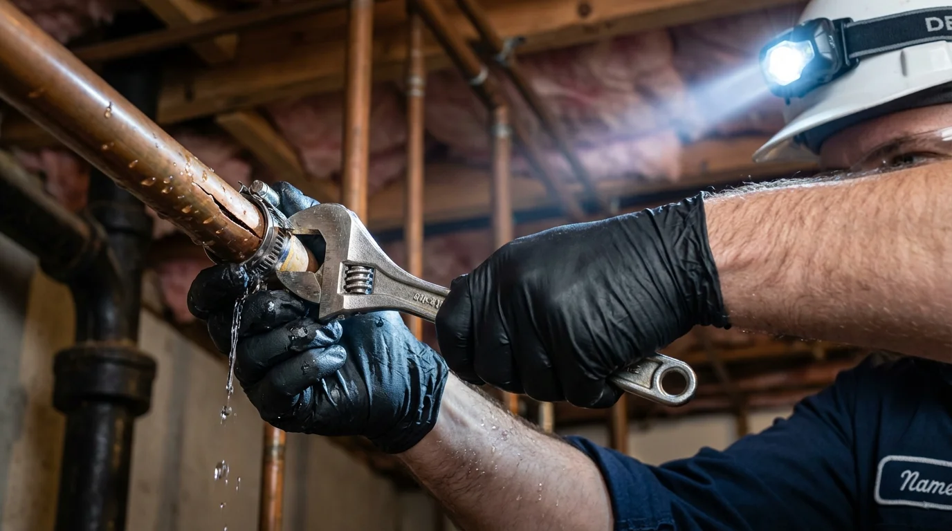 Emergency pipe clamp repair being performed by a Johns Plumbing LLC plumber in Adams Center