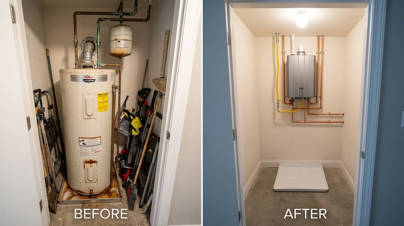 Tank water heater versus wall-mounted tankless unit comparison for Adams Center, NY homeowners