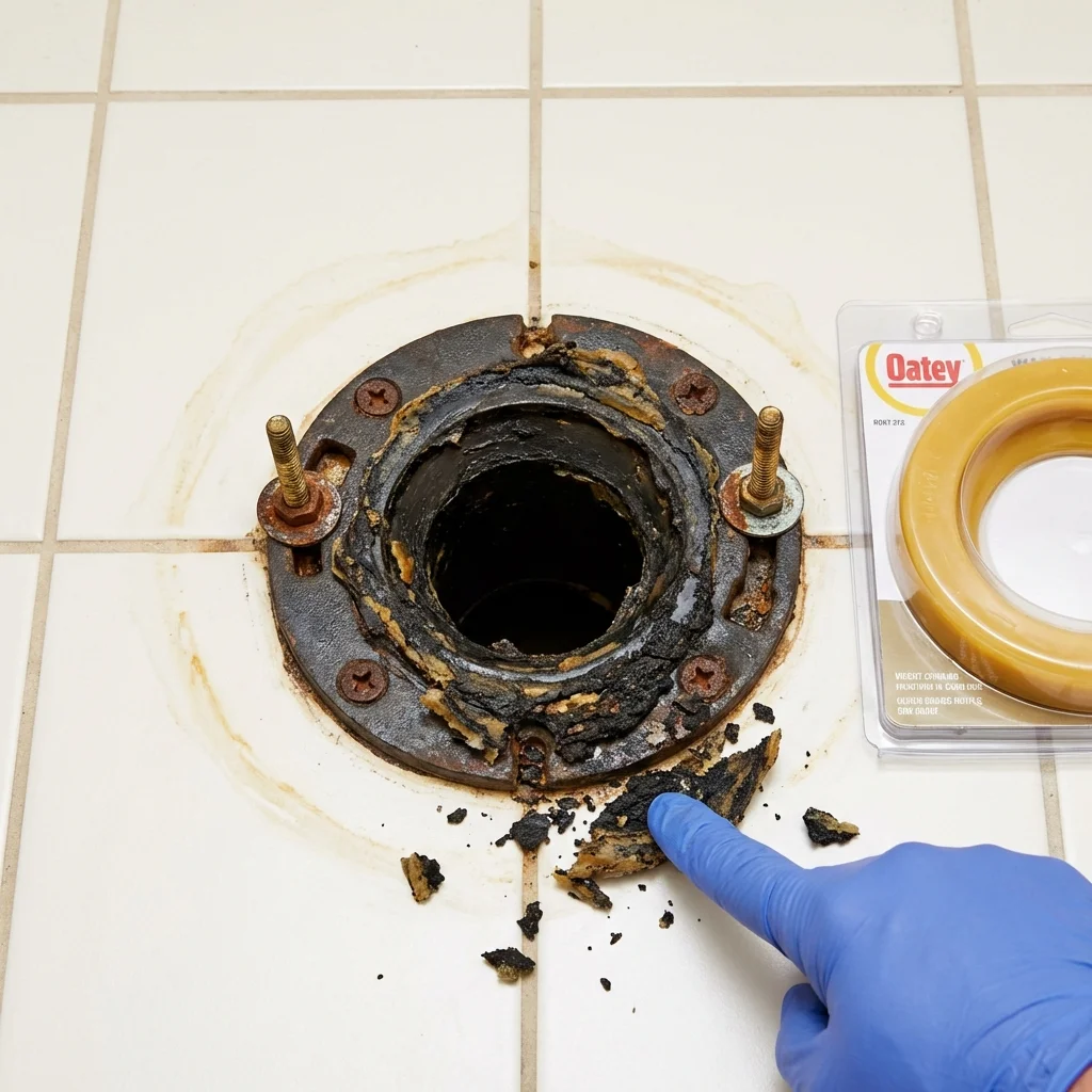 Failed wax ring showing water seepage at the base of a toilet in a Adams Center, NY home