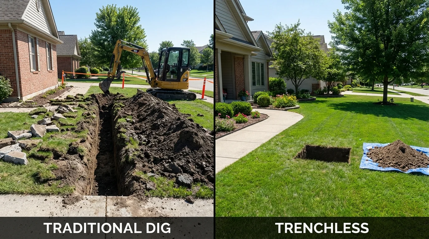 Trenchless sewer repair with minimal yard damage versus traditional excavation in Adams Center, NY