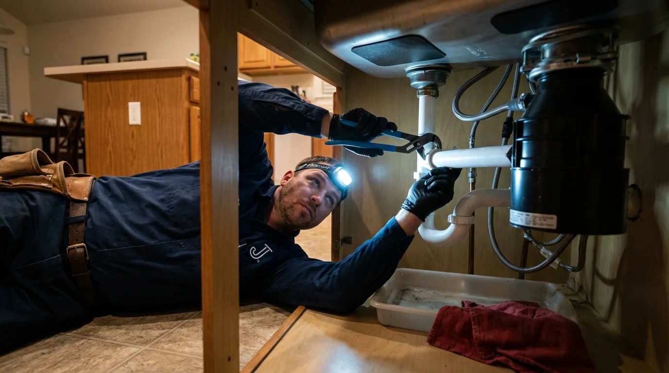 P-trap and supply line connections under a kitchen sink showing a common leak point in Adams Center, NY